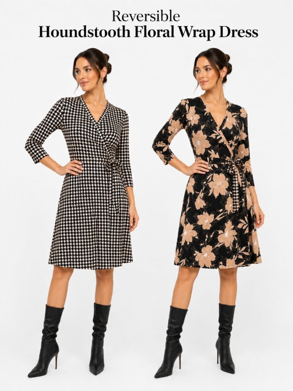 White House Black Market Reversible Houndstooth Floral Wrap Dress 00 570341273